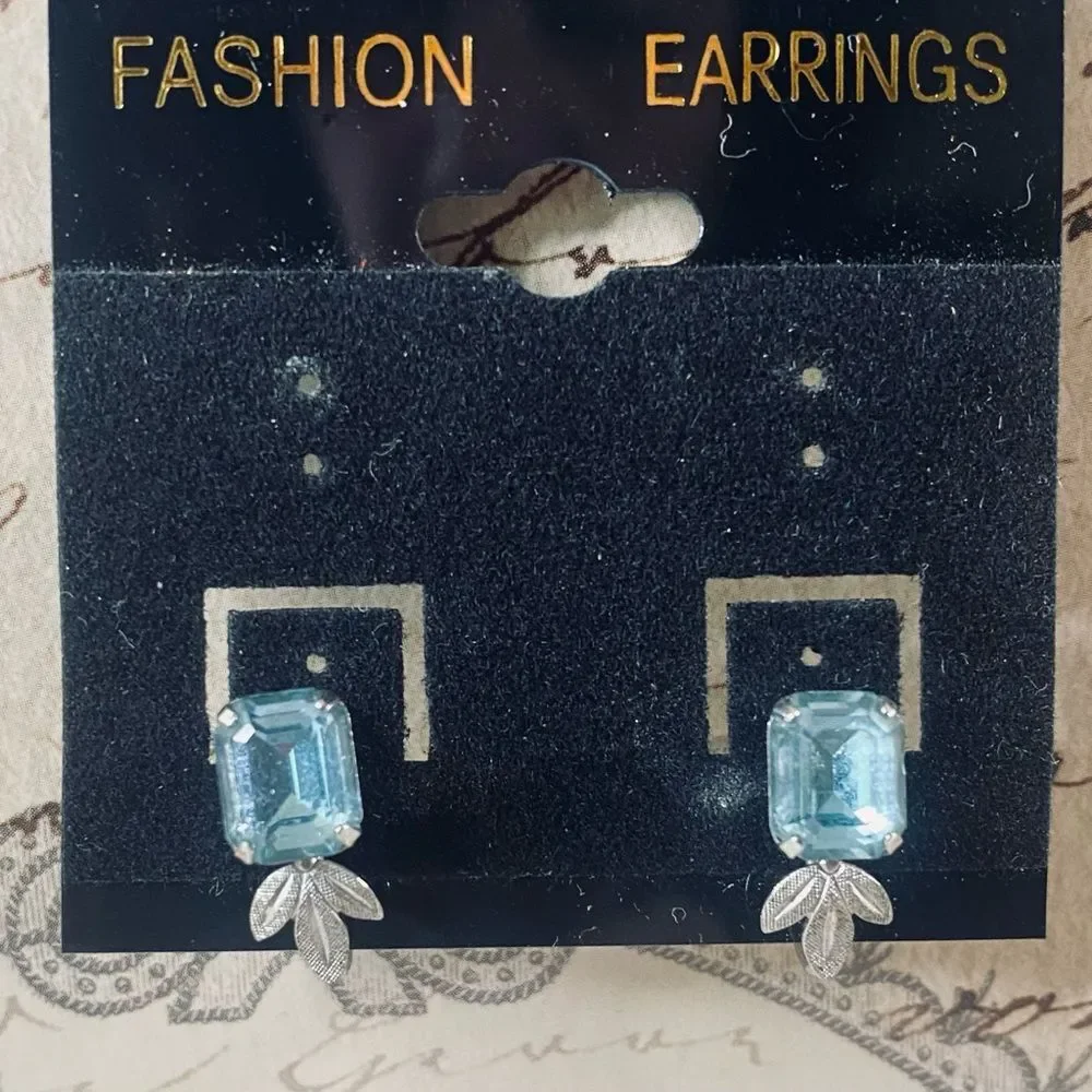 Emerald Cut Aquamarine Colored Gemstone Earrings Sterling Silver w Screw Backs